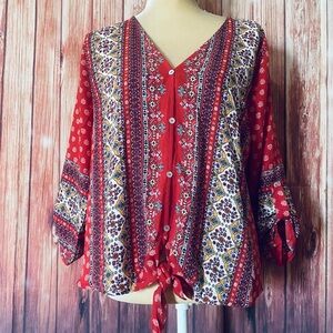 Women’s Medium Blouse West Kei Bohemian 3/4 Sleeves Button Down Tie Bottom Silky